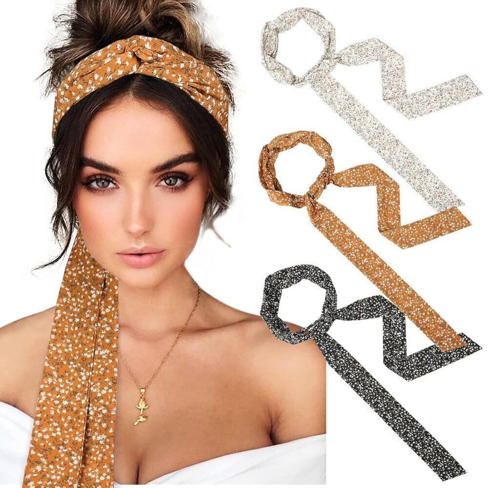 Women's Chiffon Headbands 3 Pack Long Twist Knotted Stylish for Thick Hair